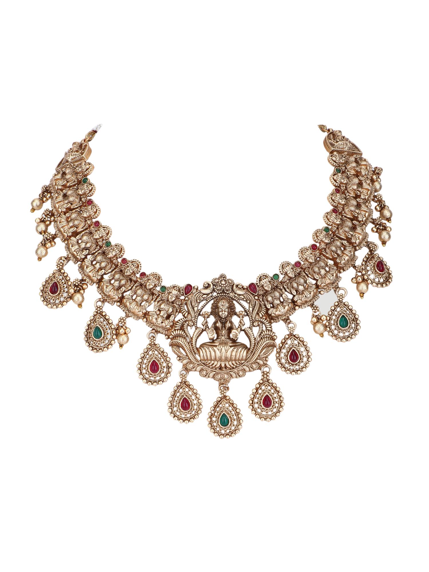 Alluring 22KT Gold Plated Kundan Red and Green Necklace Set