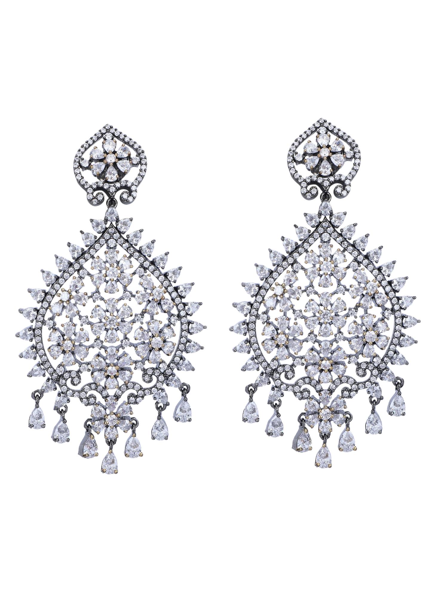 Elegant Rhodium Plated American Diamond Zircon White Earring Set