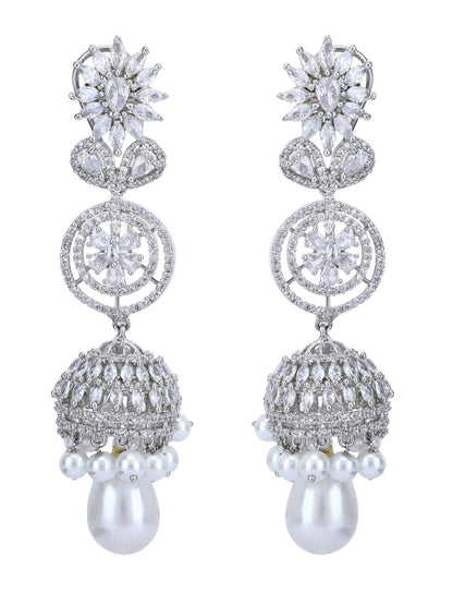 Exquisite Rhodium Plated American Diamond Zircon White Earring Set