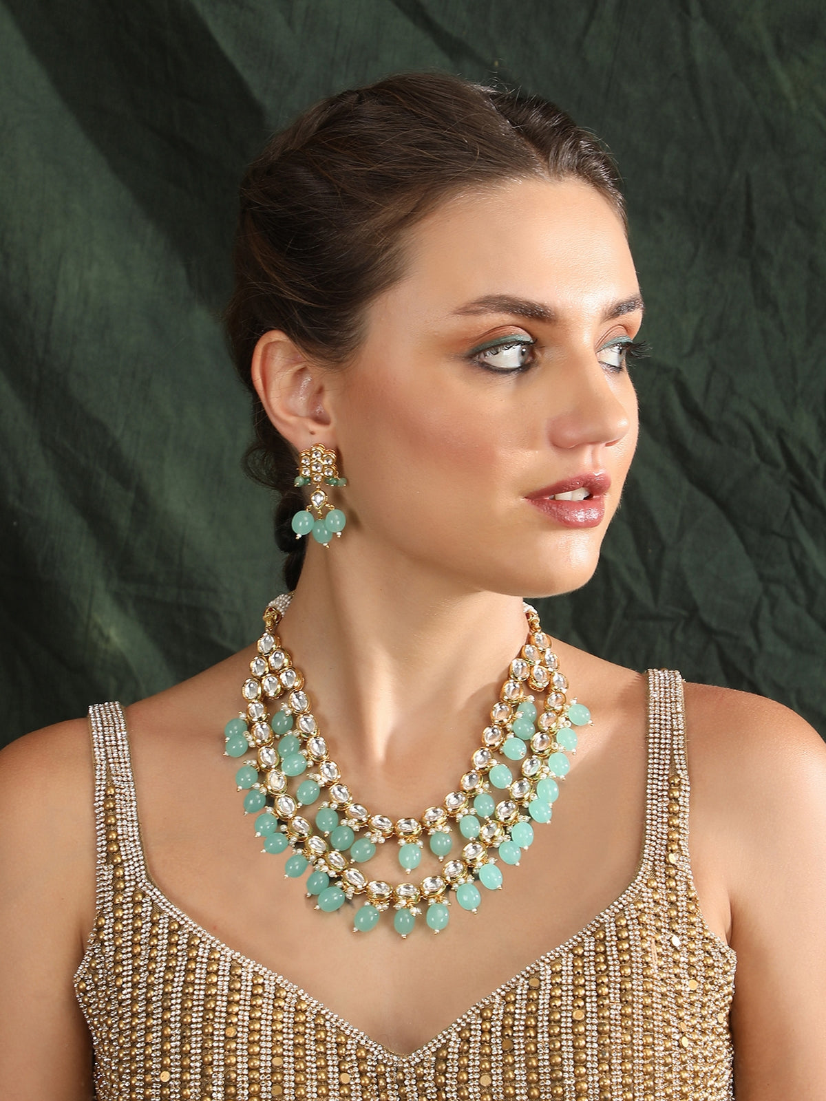 Elegant Kundan Necklace Set with Aqua Blue Beads