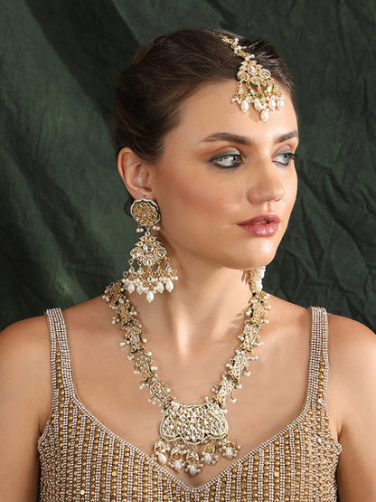 Gold-Plated Kundan Necklace Set with Pearl Accents