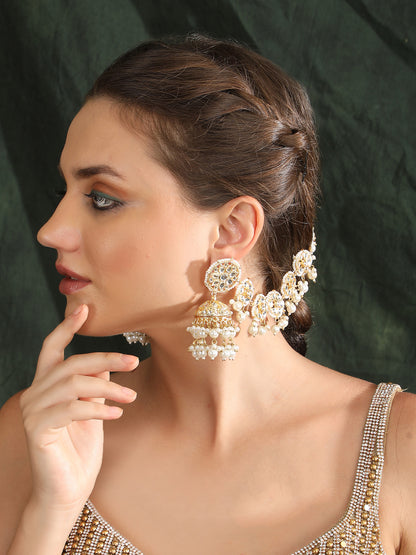 Gold-Plated Dome Shaped Jhumkas With Hair Chain