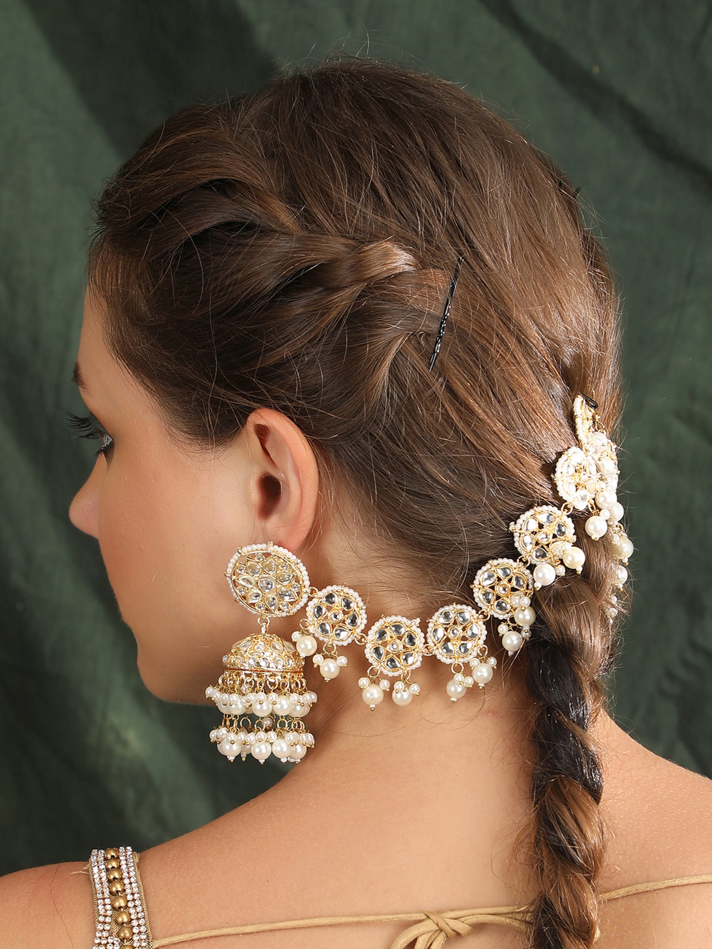 Gold-Plated Dome Shaped Jhumka With Hair Chain