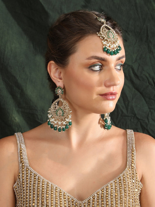 Contemporary-Shaped Kundan Studded Chandbali and Maangtika set