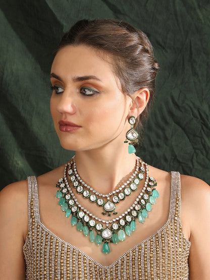 Gold-Plated Kundan Necklace Set with Green Bead Drops