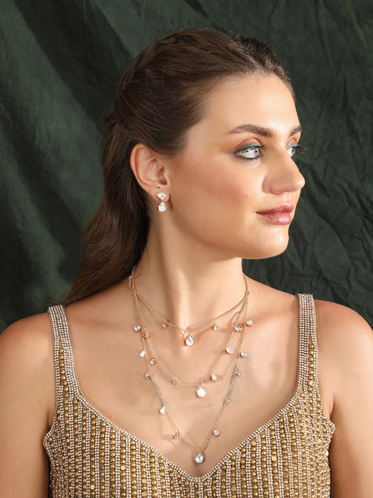 Gold-Plated Contemporary-Shaped 3-Layer Necklace and Earrings