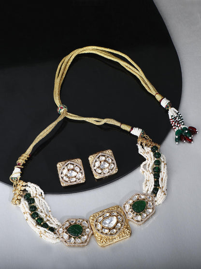 Sparkling 22KT Gold Plated Kundan Green Necklace Set