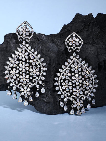 Elegant Rhodium Plated American Diamond Zircon White Earring Set