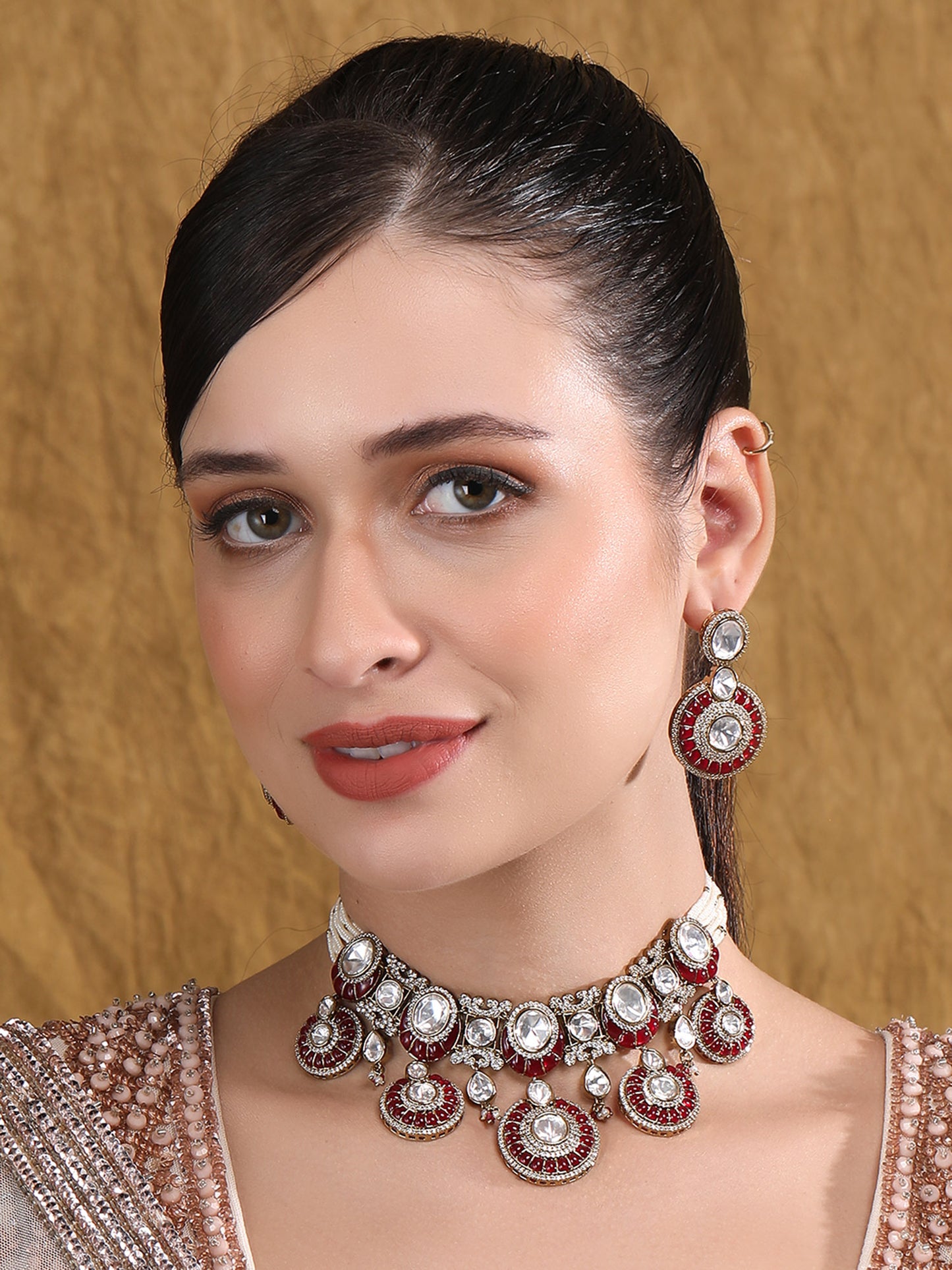 Maroon Cluster Beads Dazzling Stones Bridal Choker Necklace & Earring Set For Women