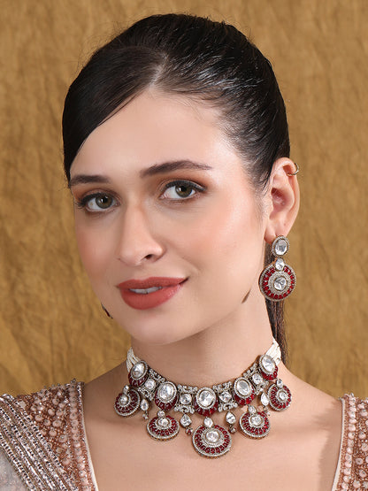 Maroon Cluster Beads Dazzling Stones Bridal Choker Necklace & Earring Set For Women