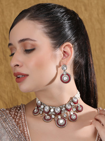 Maroon Cluster Beads Dazzling Stones Bridal Choker Necklace & Earring Set For Women