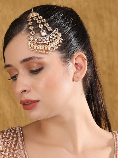 Gold Plated White & Gold Kundan-Studded Beaded Jhoomar Passa