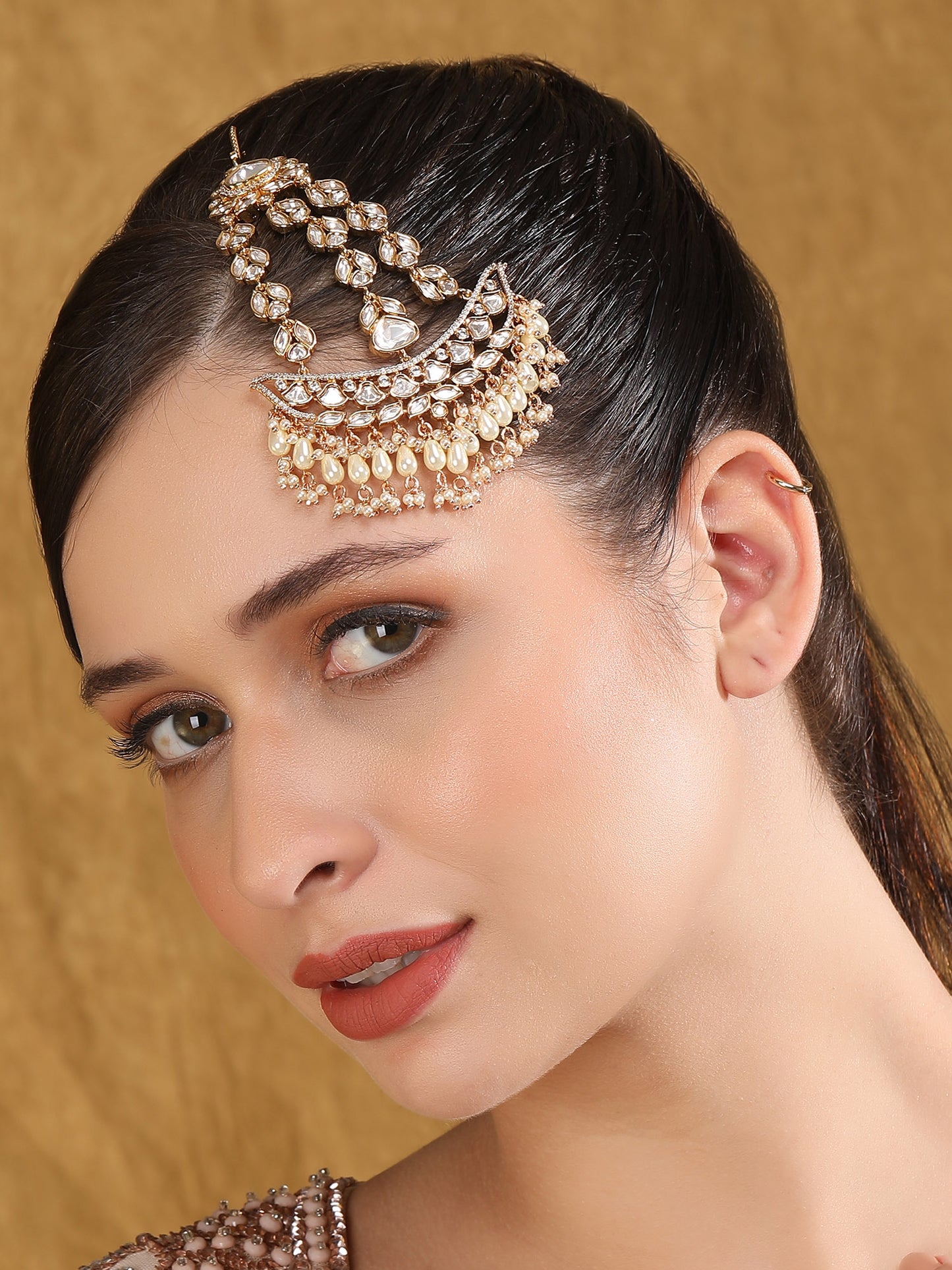 Gold Plated White & Gold Kundan-Studded Beaded Jhoomar Passa