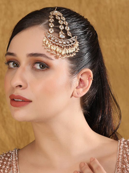 Gold Plated White & Gold Kundan-Studded Beaded Jhoomar Passa