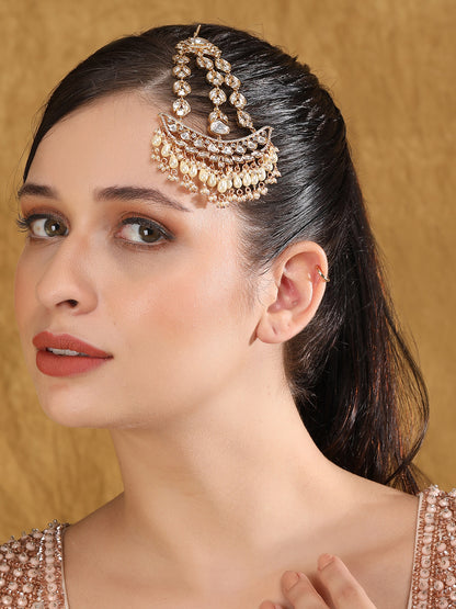 Gold-Plated White & Gold Kundan-Studded Beaded Jhoomar Passa