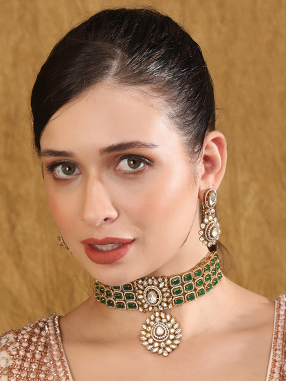 crafted green necklace set with matching earrings