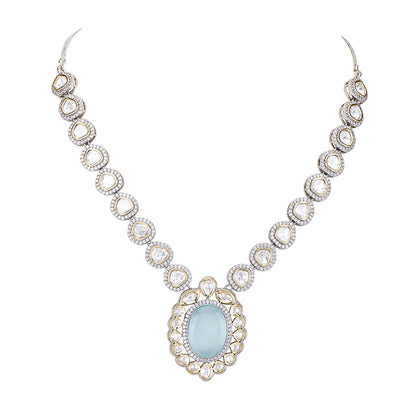 Rhodium Plated American Diamond Zircon Blue Necklace Set