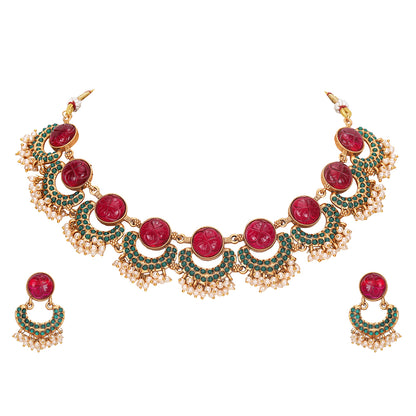 Gold Plated Red Stone Choker Necklace Set with Earrings