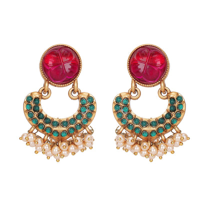 Gold Plated Red Stone Choker Necklace Set with Earrings
