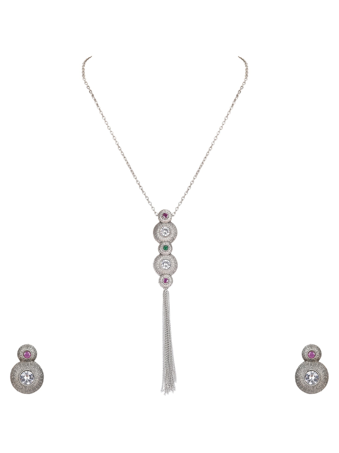 Silver Plated Gemstone Studded Necklace With Earrings Matching Jewellery Set