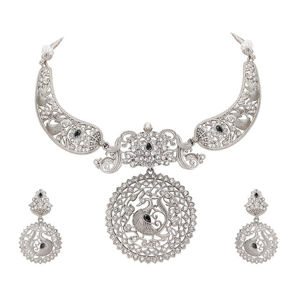 Silver-Plated Choker Necklace Set with Earrings