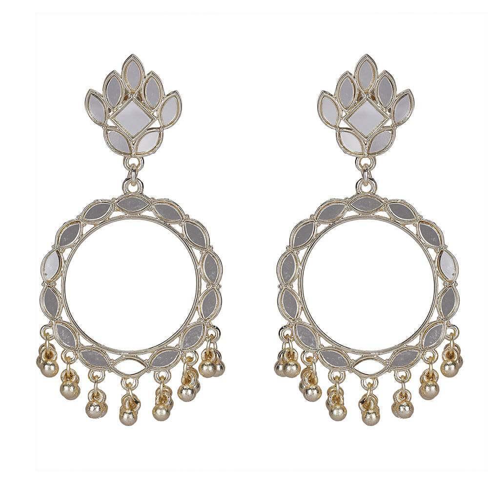White enamel gold hoop earrings with ghungroo bead drops