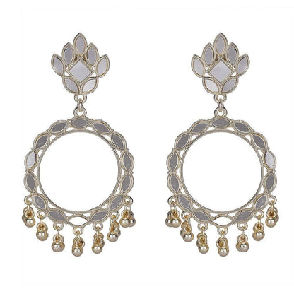 White enamel gold hoop earrings with ghungroo bead drops