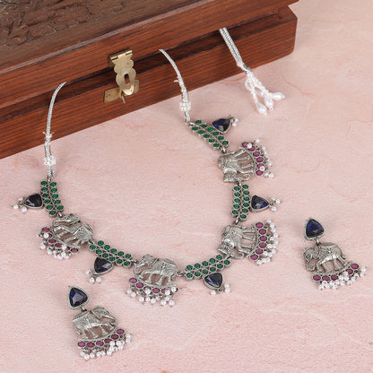 Silver Plated Stone Studded Jewellery Set pair of matching drop earrings