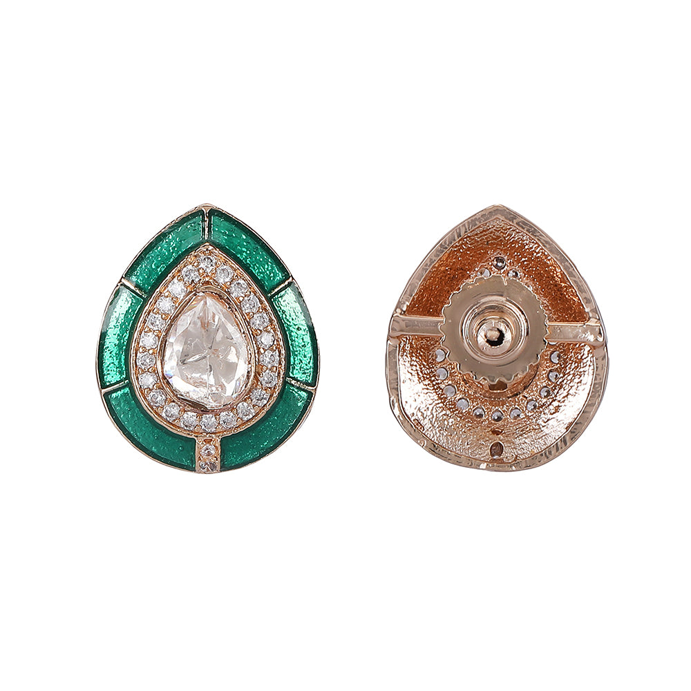 Emerald Teardrop Stud Earrings with Polki Accents