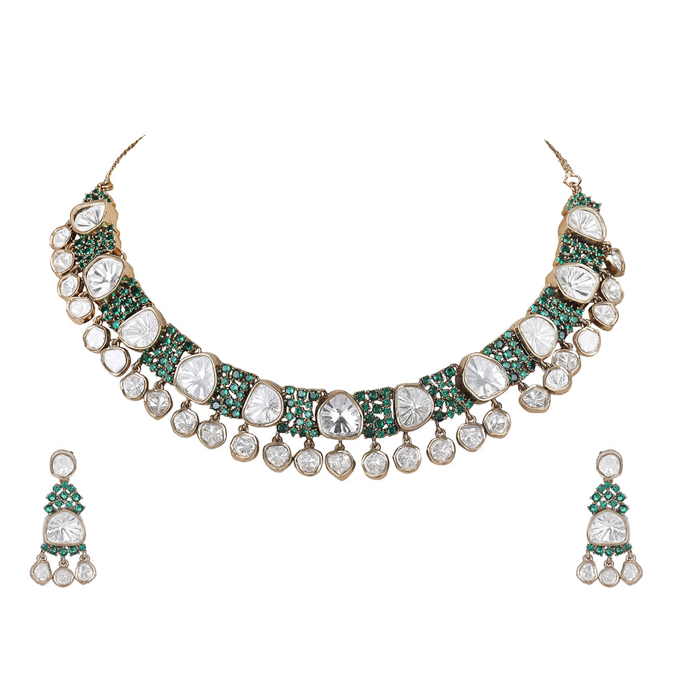 Elegant Kundan Polki Necklace Set with Emerald Accents