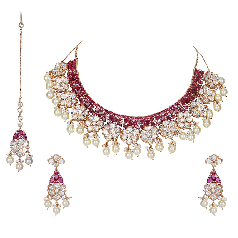 Elegant Ruby Kundan Bridal Necklace Set with Maang Tikka