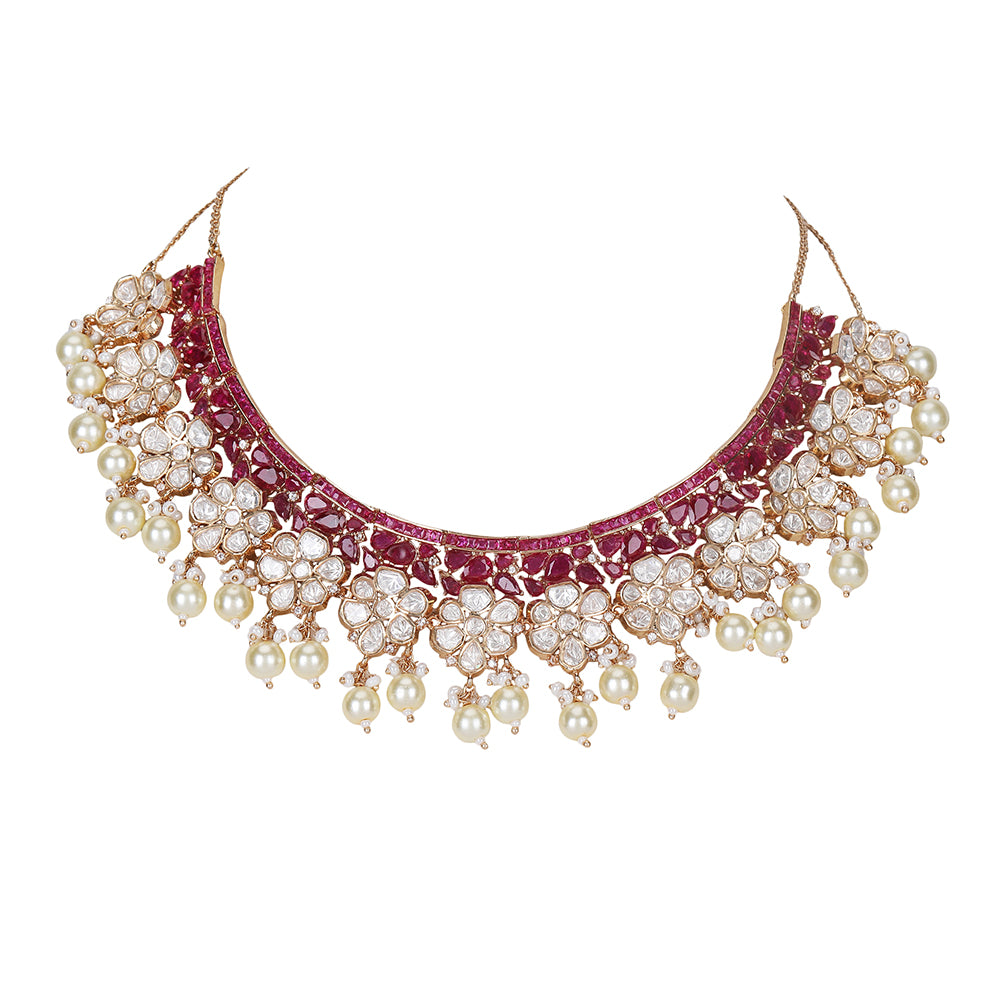 Elegant Ruby Kundan Bridal Necklace Set with Maang Tikka