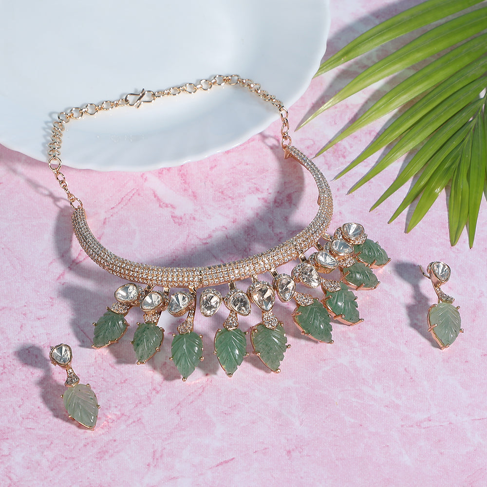 Exquisite Gold-Plated Necklace Set with Green Leaf Motifs and Crystal Accents