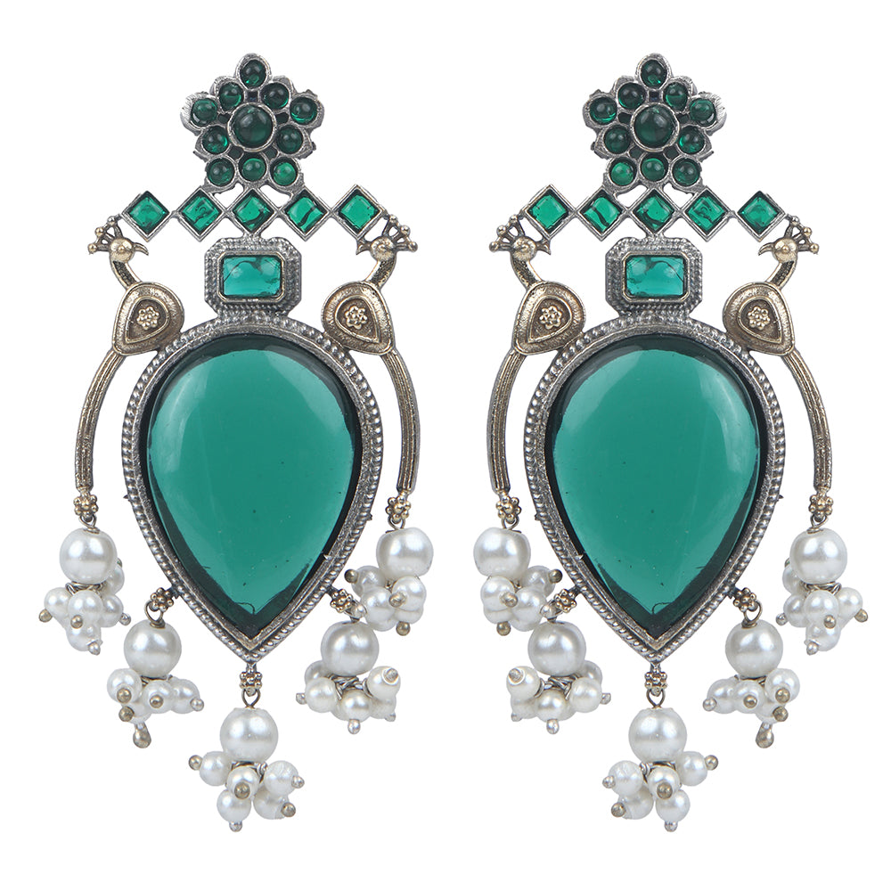 Oxidised silver earrings with green teardrop stone and pearl drops for women ethnic jewelry