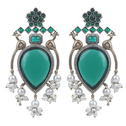 Oxidised silver earrings with green teardrop stone and pearl drops for women ethnic jewelry