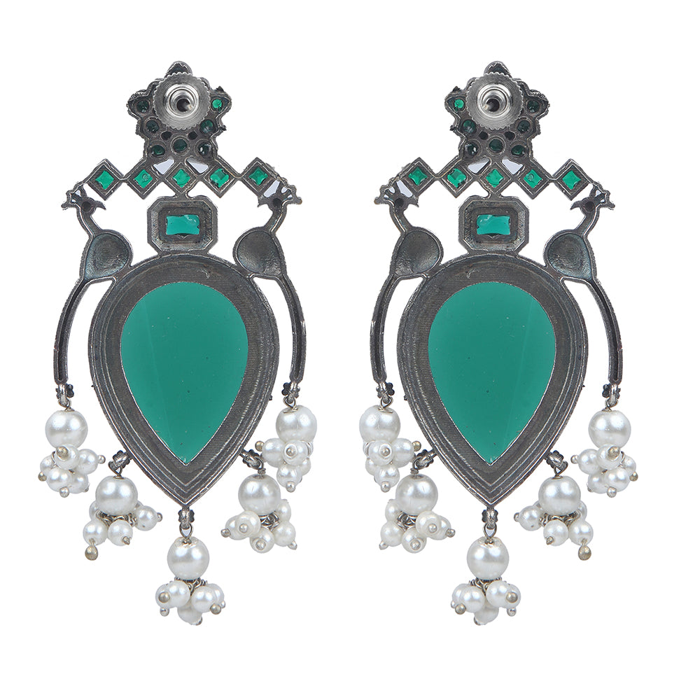 Oxidised silver earrings with green teardrop stone and pearl drops for women ethnic jewelry