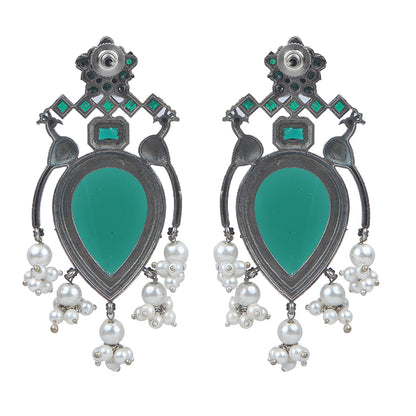 Oxidised silver earrings with green teardrop stone and pearl drops for women ethnic jewelry