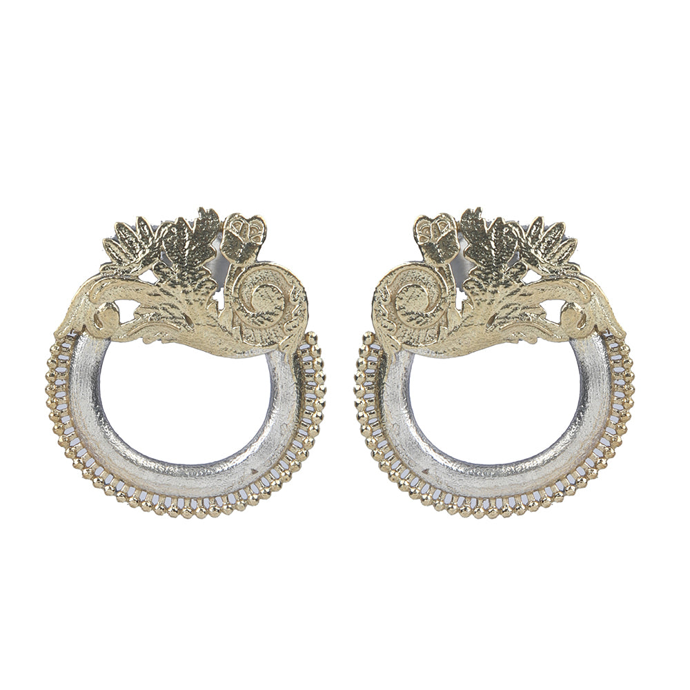 Dual tone gold and silver floral hoop earrings with intricate traditional design on neutral background