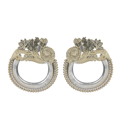 Dual tone gold and silver floral hoop earrings with intricate traditional design on neutral background