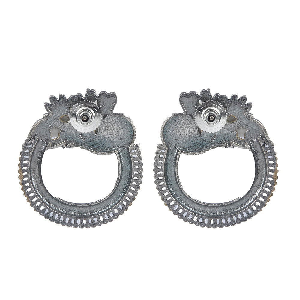 Dual tone gold and silver floral hoop earrings with intricate traditional design on neutral background