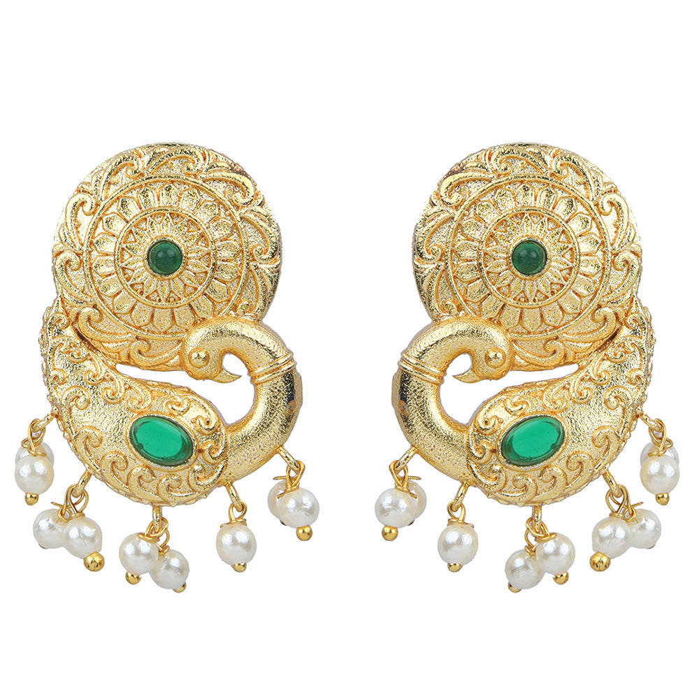 Gold peacock temple earrings with green stone accents and pearl drop detailing on neutral background
