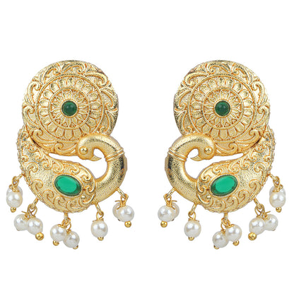 Gold peacock temple earrings with green stone accents and pearl drop detailing on neutral background