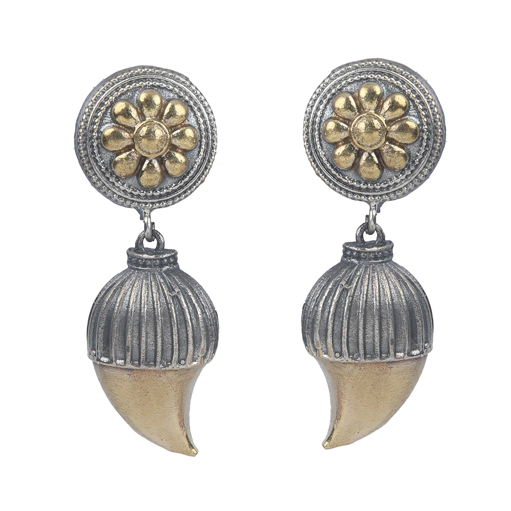 Dual tone antique finish floral jhumka earrings with gold flower stud and textured drop design
