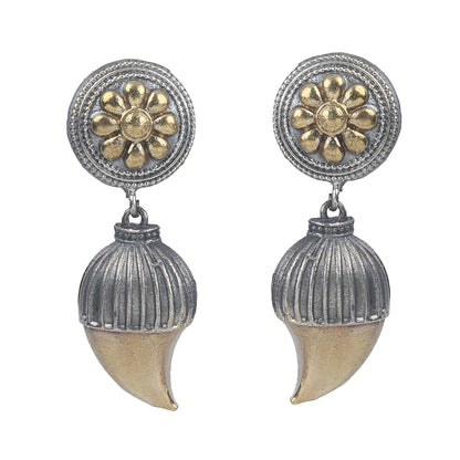 Dual tone antique finish floral jhumka earrings with gold flower stud and textured drop design