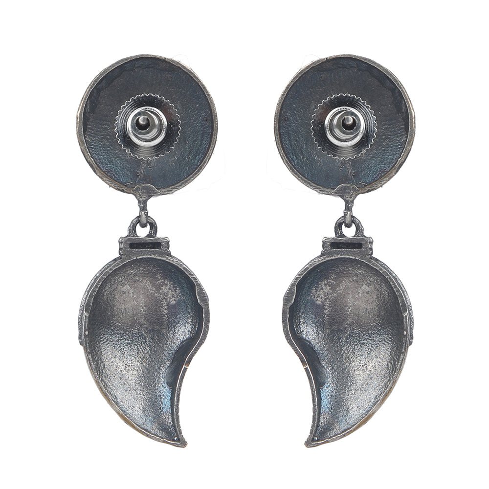 Dual tone antique finish floral jhumka earrings with gold flower stud and textured drop design
