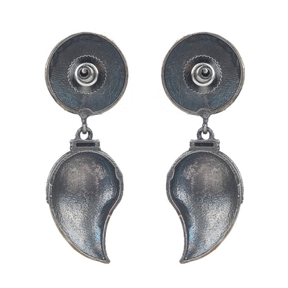 Dual tone antique finish floral jhumka earrings with gold flower stud and textured drop design