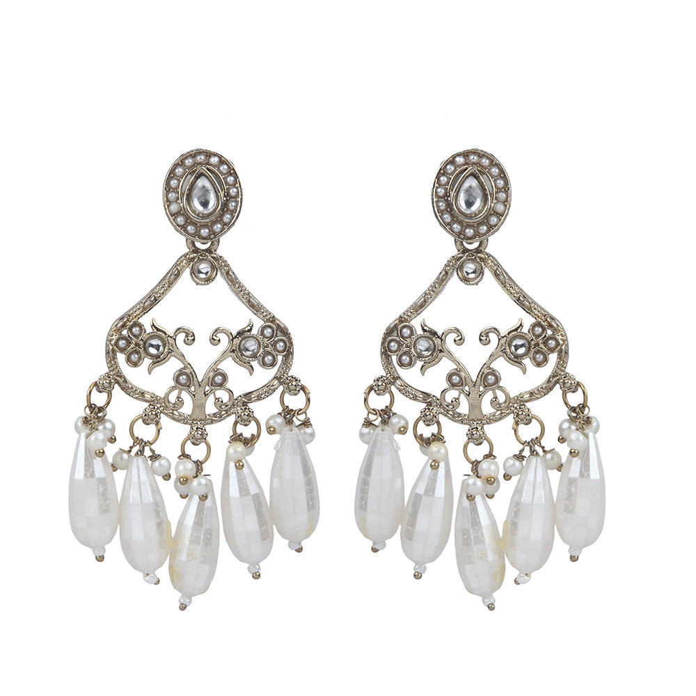 Gold chandelier earrings with kundan stone top and pearl drop danglers 