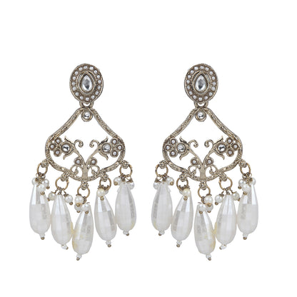 Gold chandelier earrings with kundan stone top and pearl drop danglers 