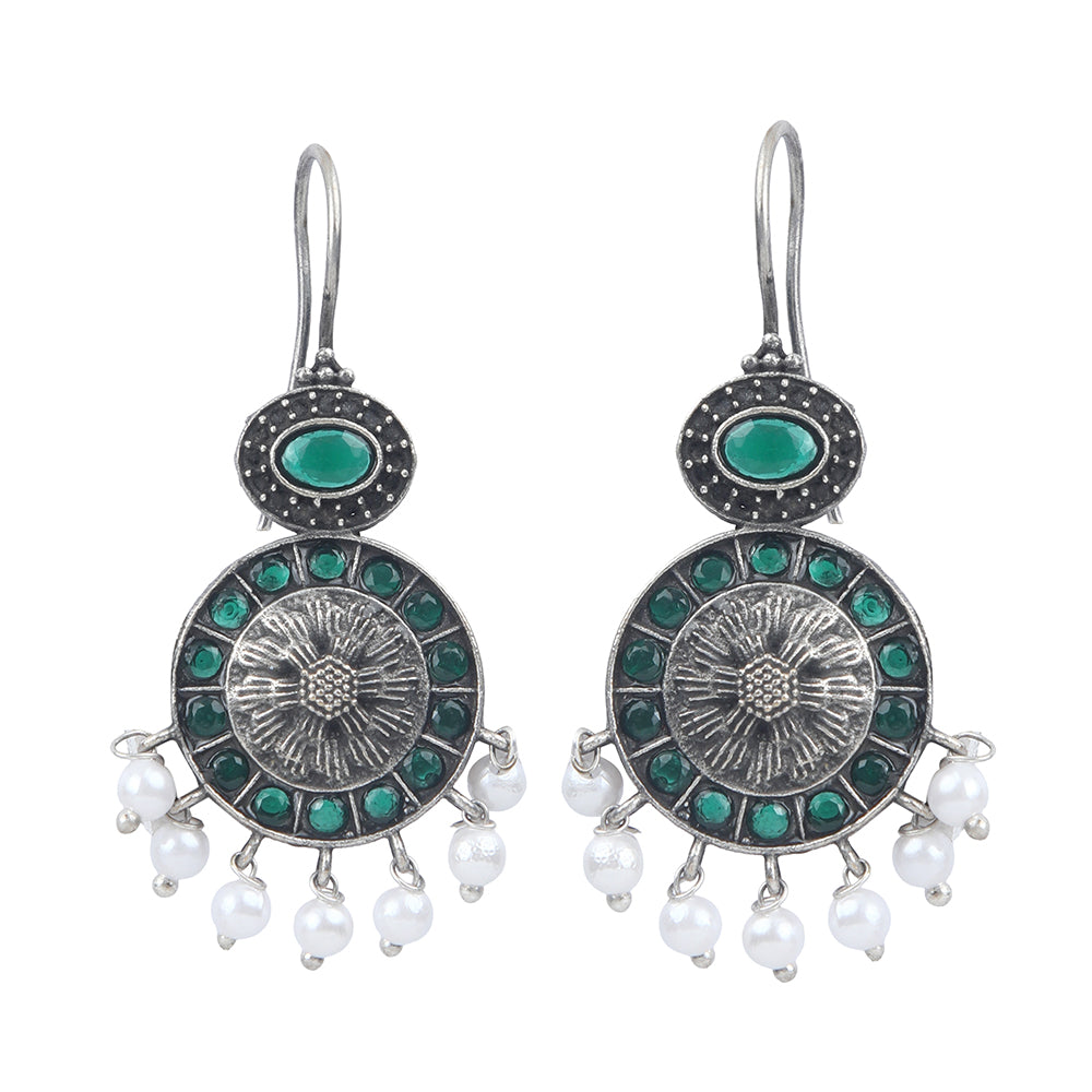 Oxidized silver earrings with green stones circular design and pearl drop danglers