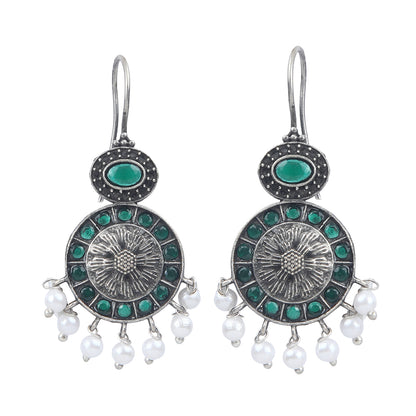 Oxidized silver earrings with green stones circular design and pearl drop danglers